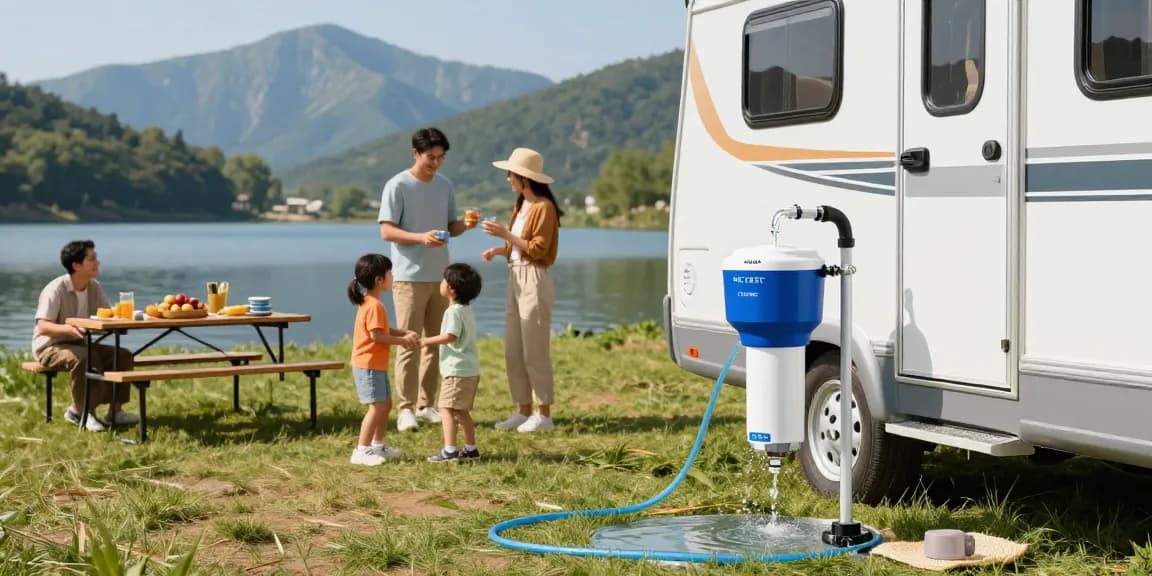 AQUA CREST X-Large RV Water Filter enhancing family camping experience with clean drinking water at a scenic campsite.