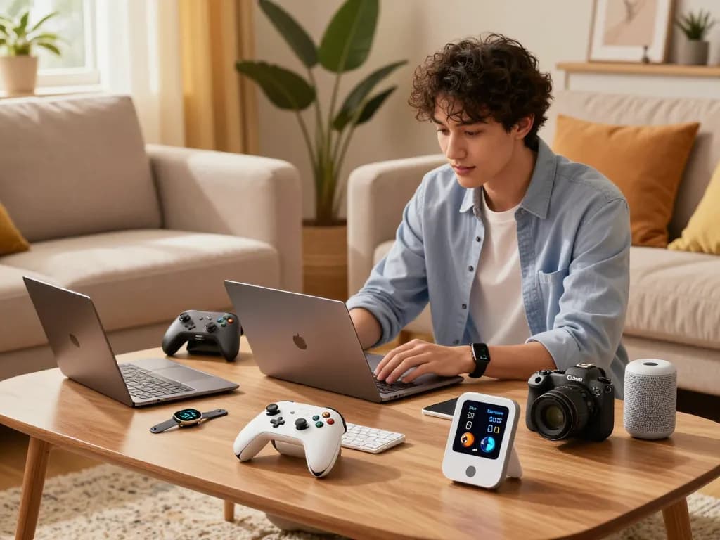 Explore unique tech gadgets like the 8BitDo Ultimate 2 controller and Chef iQ Sense, showcasing modern living room tech integration.