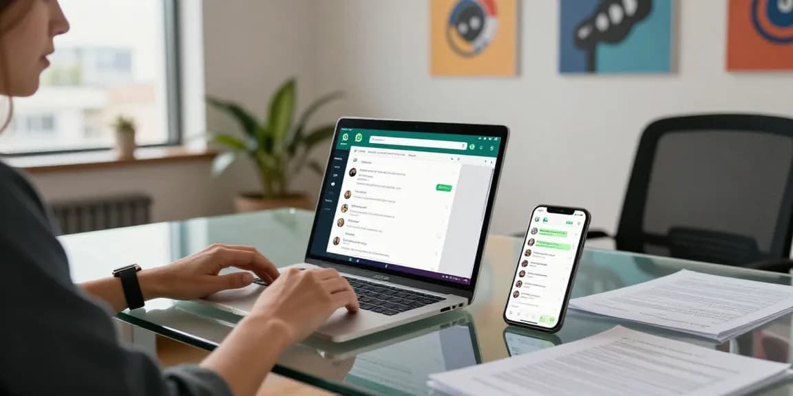 Engaged user communicating through WhatsApp網頁版 in a modern office setup
