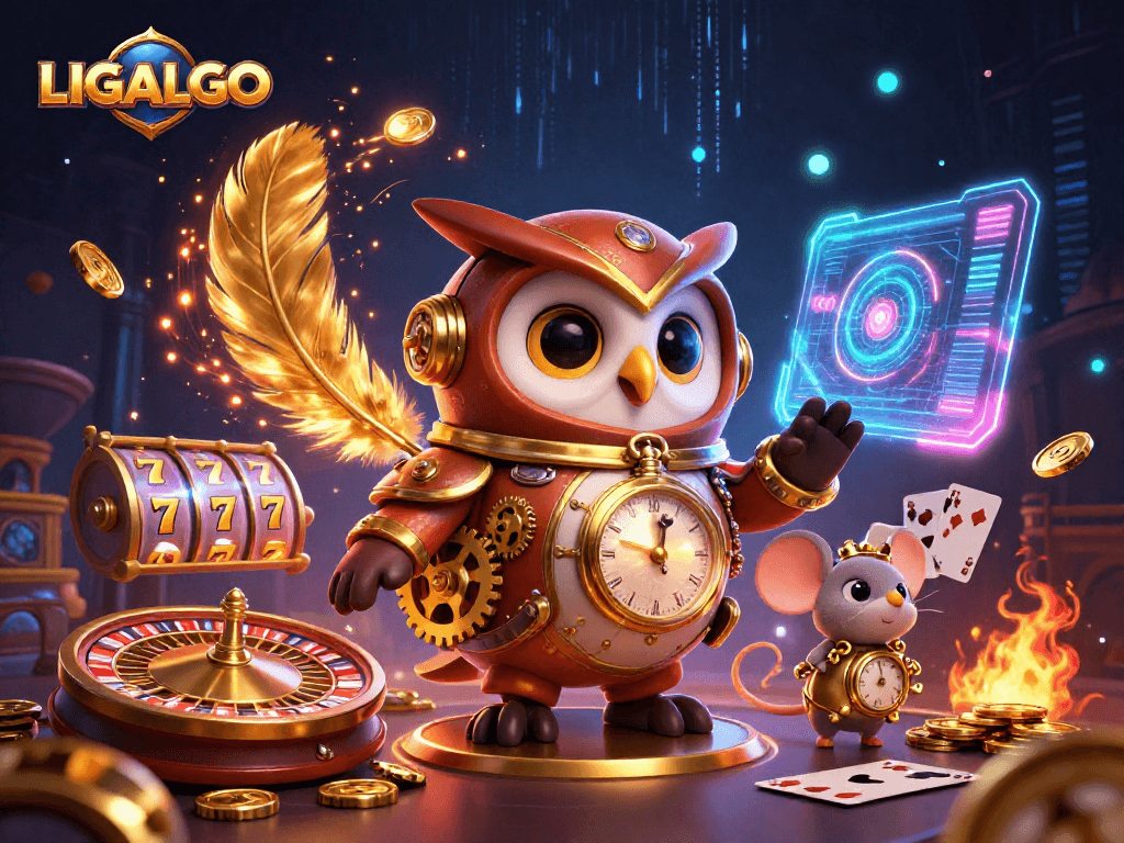 LIGALGO promotes thrilling spins on slot reels surrounded by vibrant casino elements.