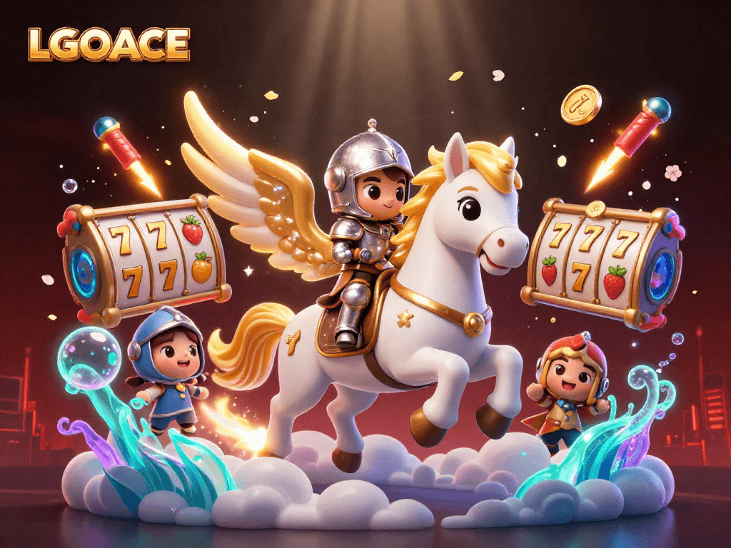 LGOACE showcases a vibrant scene with a celestial horse and knight among dynamic slot elements, celebrating online gaming.