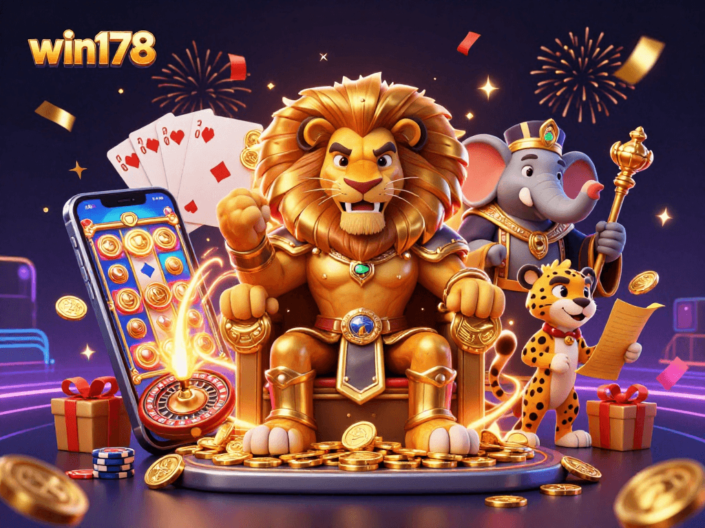Permainan menang besar di WIN178 dengan karakter hiburan menarik dan elemen kasino yang meriah.
