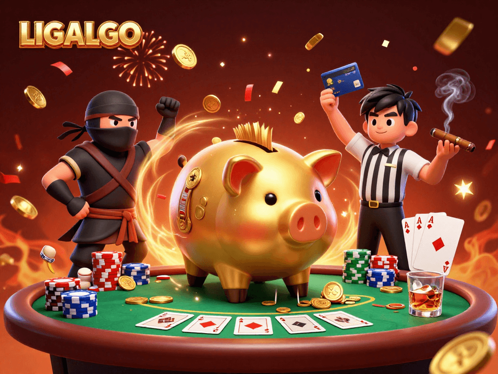 LIGALGO showcases a dynamic 3D battle scene with a sumo wrestler, ninja, and samurai amid poker action.