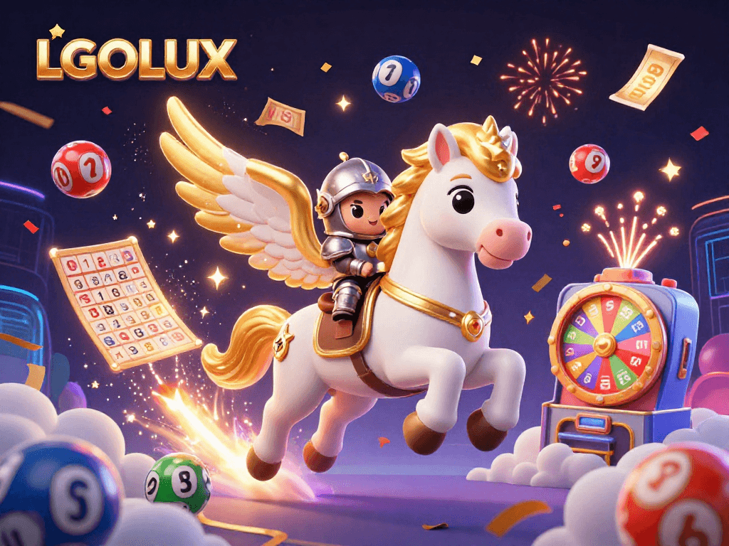 Experience thrilling gaming with LGOLUX, featuring dynamic elements and a starry atmosphere.