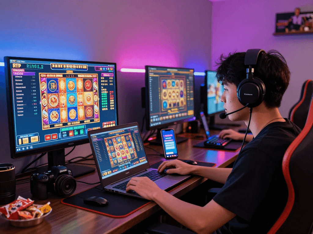 Exciting gaming atmosphere with player focused on RTP live slot games, colorful interfaces, and modern tech setup.