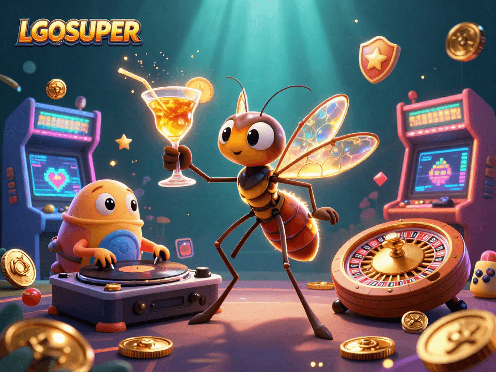 Play slots at LGOSUPER with a vibrant 3D illustration showcasing a dynamic casino scene.