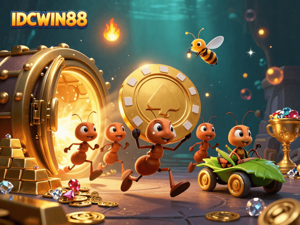 Experience exhilarating wins with IDCWIN88 in this vibrant 3D casino heist scene.