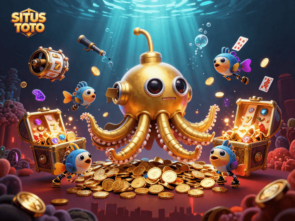 SITUS TOTO menyajikan ilustrasi kasino yang menampilkan kraken emas dan ikan mekanik dalam lautan koin emas.
