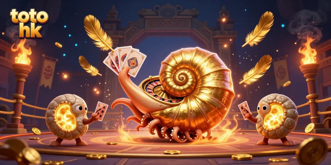 Menangkan toto hk dengan ilustrasi detail 3D dari nautilus raksasa yang memegang kartu di arena pertarungan.
