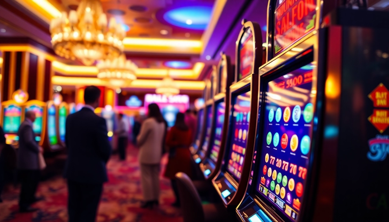 Putaran slot yang menarik di mesin kasino yang ramai dan bercahaya.