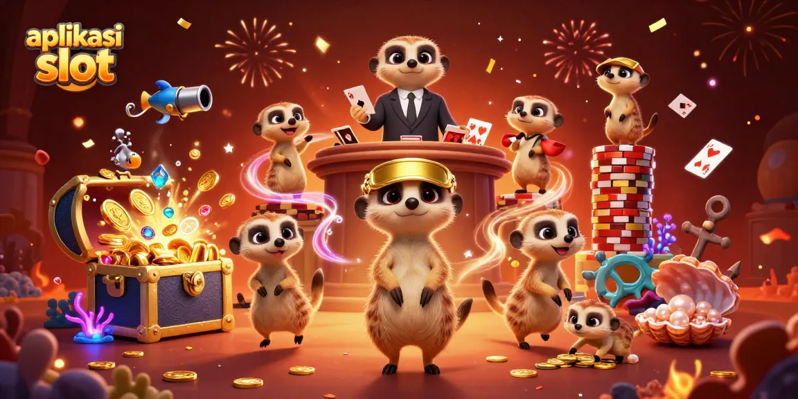 Menangkan aplikasi slot dengan meerkat yang mengelola kasino dalam ilustrasi 3D penuh warna yang dinamis.