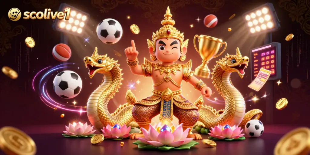 Socolive1 powerfully depicts a Thai guardian and Naga serpents amidst dynamic sports betting elements.