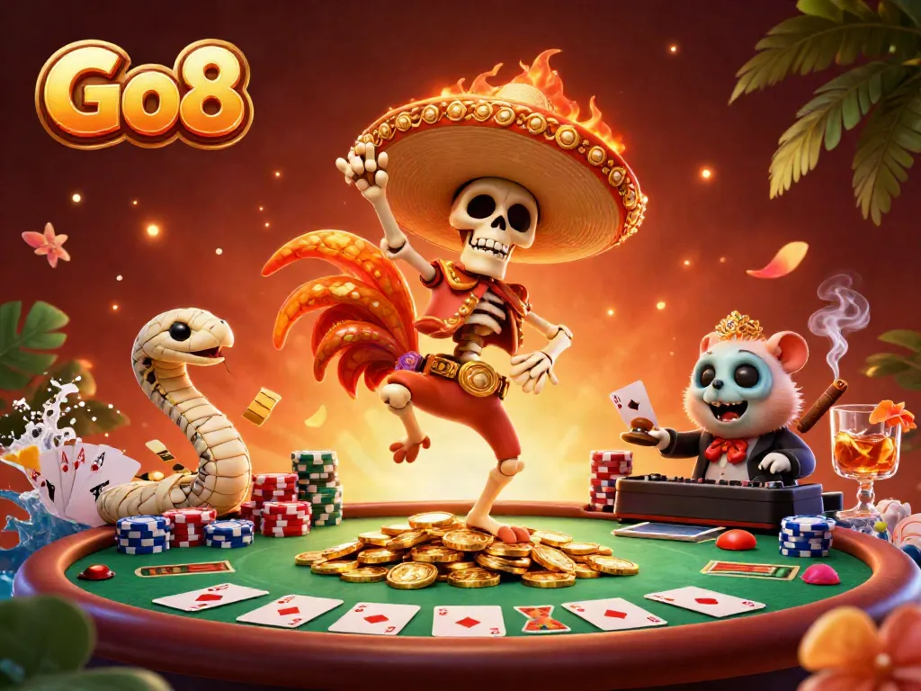 Celebrate with Go8 as a mariachi rooster dances on gold coins, surrounded by vibrant casino elements.