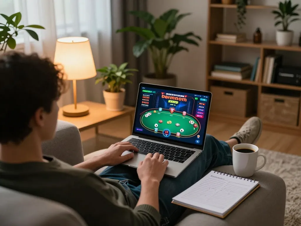 Engaging online gaming moment showcasing joylink free kredit while strategizing poker from a cozy living room.