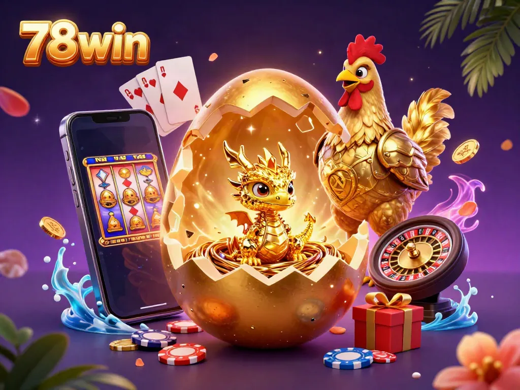 Experience excitement at 78win: a golden dragon amid casino treasures, symbolizing big wins.