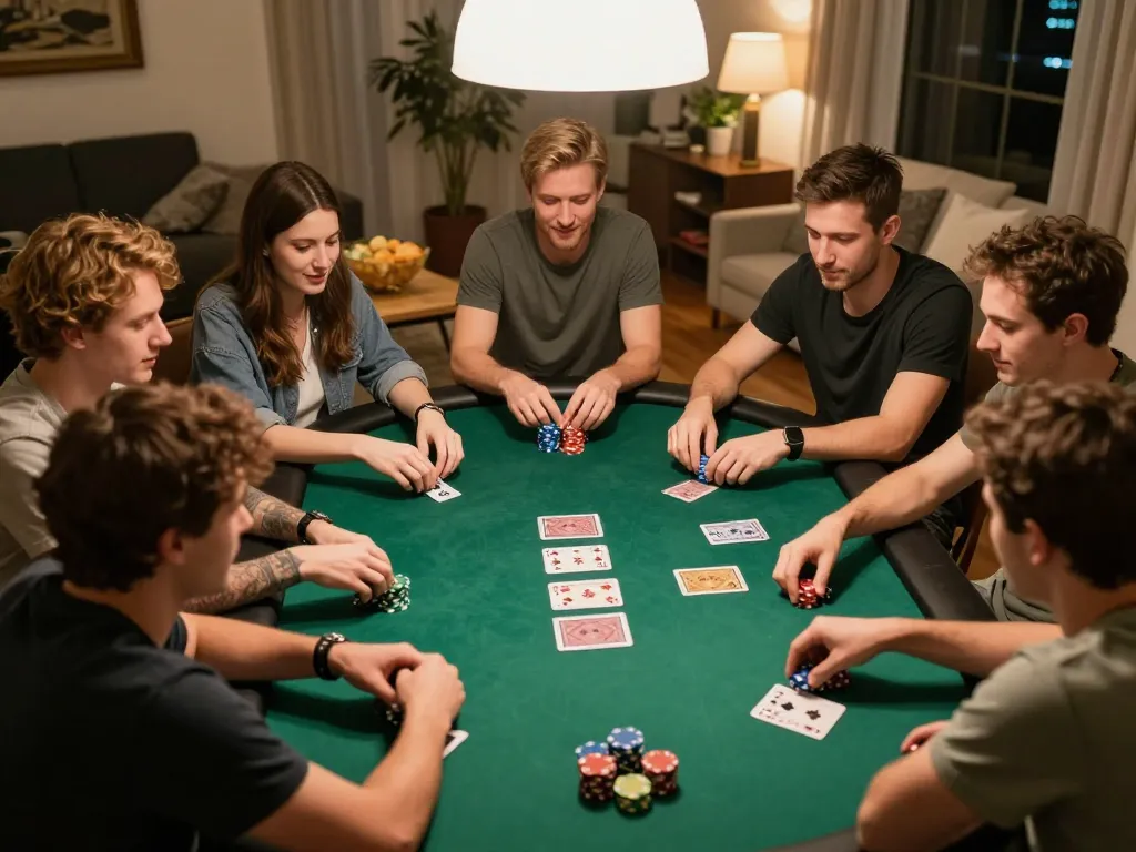 Engaging poker game at home with friends using qq mobil strategy for winning hands.