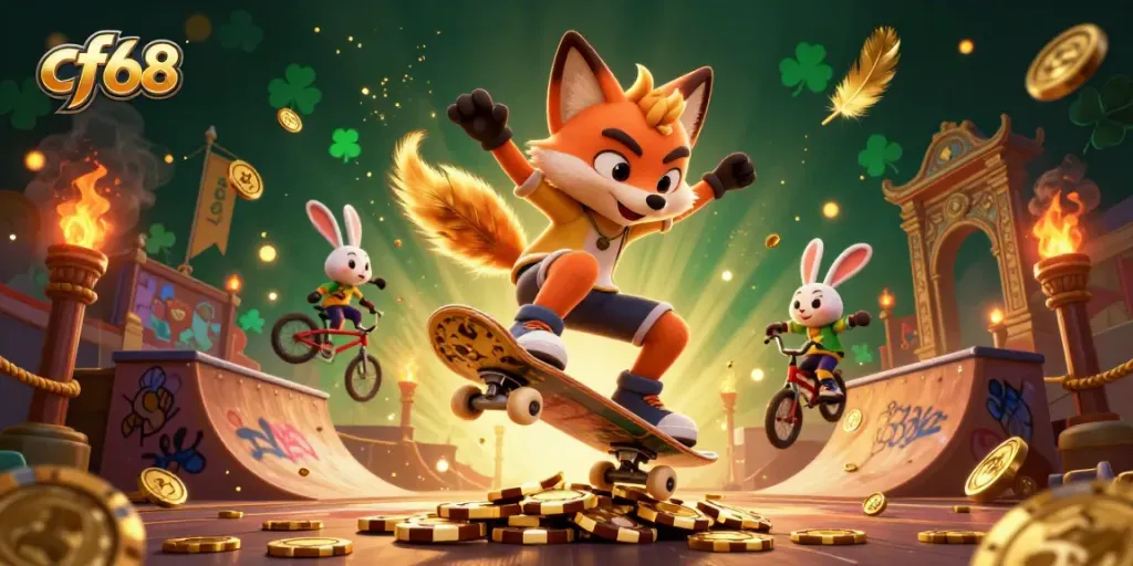 Engaging illustration of cf68 with a skilled skateboarder fox and BMX rabbit amidst golden poker chips.