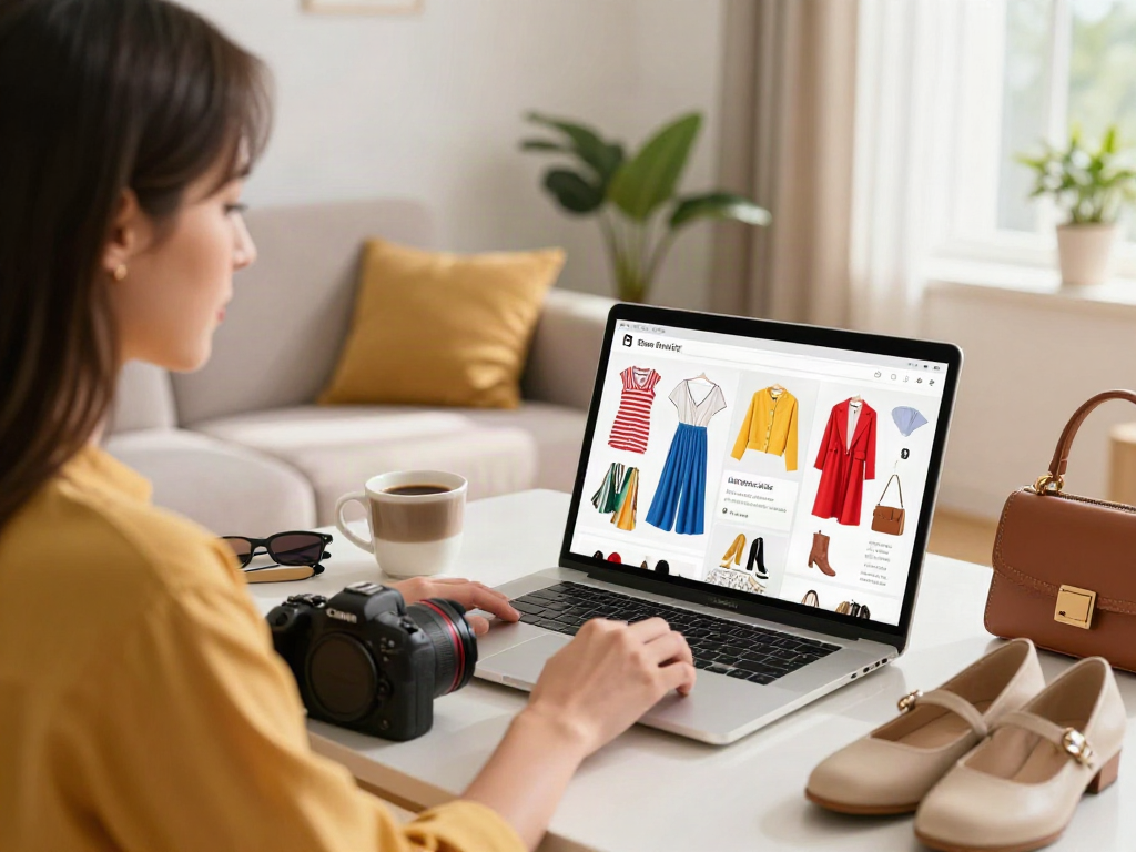 Shopping online for link alternatif bro138 stylish outfits in a cozy living room setting.