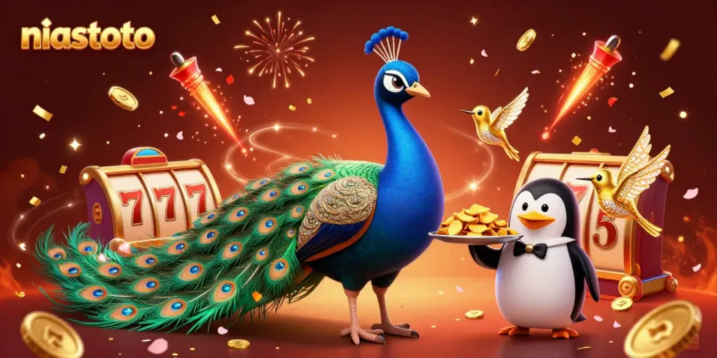 Permainan niastoto slots dengan merak dan penguin berbagi chip emas penuh daya tarik.
