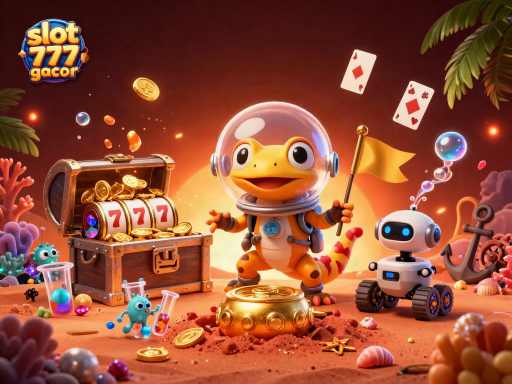 Engage with slot 777 gacor in a vibrant, 3D casino-themed illustration featuring Martian adventure.