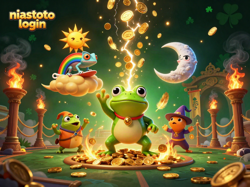 Ilustrasi kartun 3D niastoto login menampilkan karakter pahlawan dalam suasana kasino yang meriah.