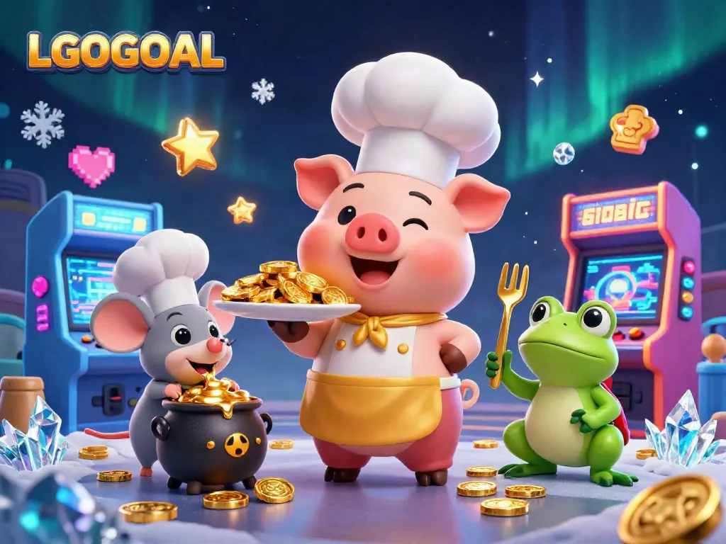 LGOGOAL elevates excitement in a vibrant casino scene with gourmet gold coins, gaming elements, and dynamic characters.