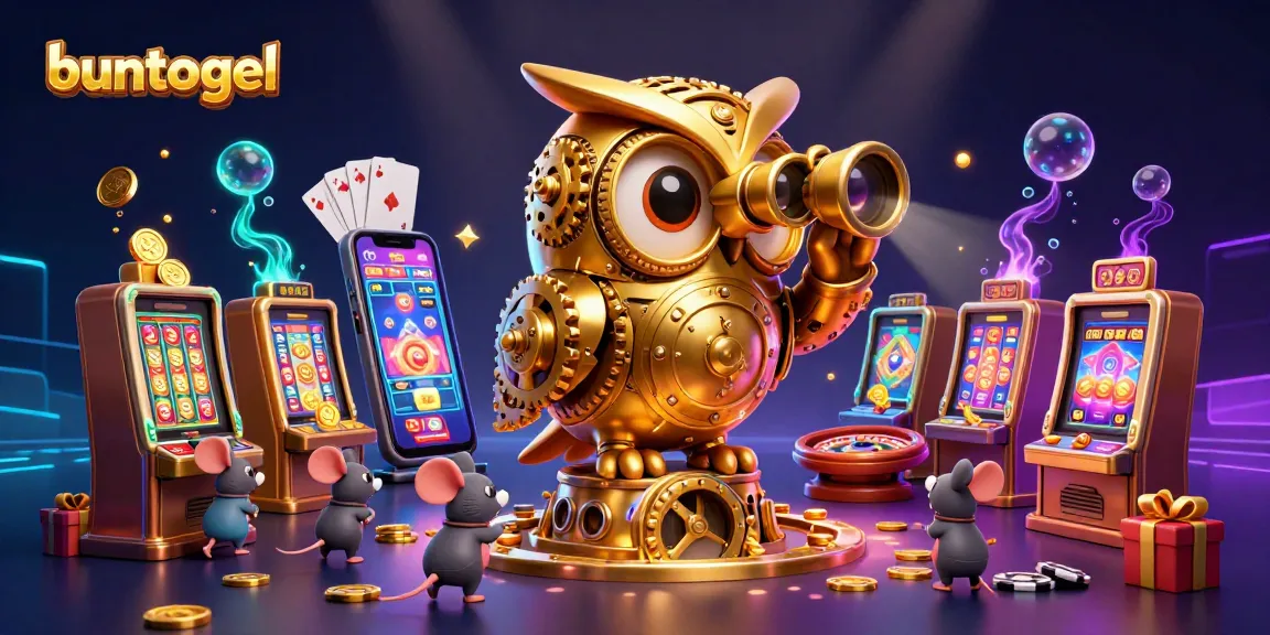 Engage with buntogel's captivating slot experience featuring a clockwork owl amidst vibrant casino elements.