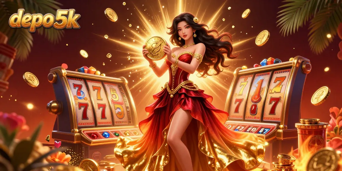 Experience thrilling gameplay with depo 5k in this vibrant casino illustration featuring a beautiful lady and slot elements.