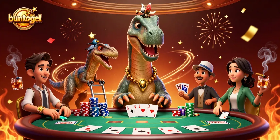 Experience the adventure of buntogel with a massive brontosaurus at a festive poker table scene.