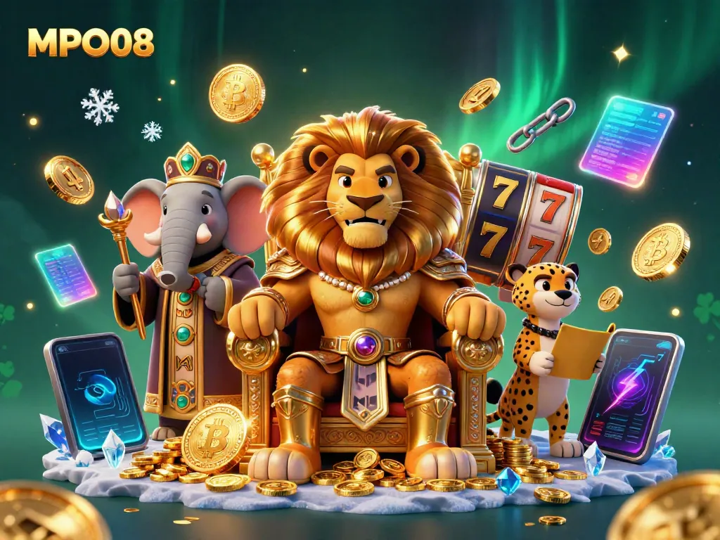 MPO08 offers thrilling slot games and bonuses featured in an exciting casino king scene.