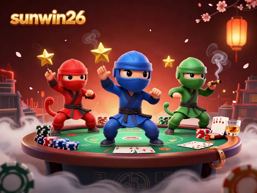 Experience the excitement of sunwin26 with a dynamic scene featuring ninja chameleons and poker elements.