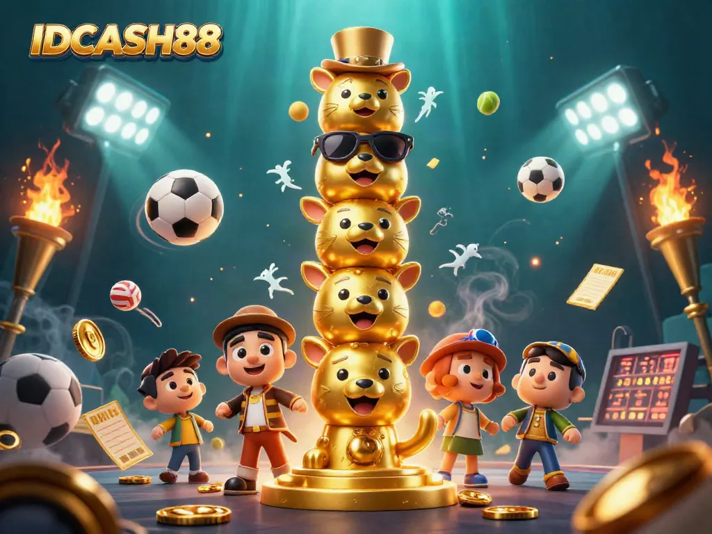 Experience the excitement of gaming with IDCASH88, showcasing a vibrant illustration of golden totem poles and dynamic sports elements.