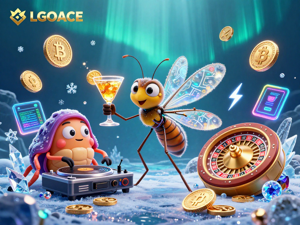 LGOACE showcases a lively scene with casino elements including Bitcoin coins and DJ trilobite, creating a vibrant atmosphere.