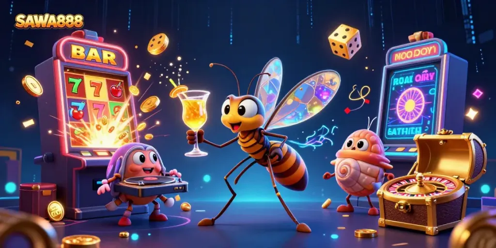 Experience the excitement of SAWA888 with a lively casino scene, showcasing unique gaming characters and elements.