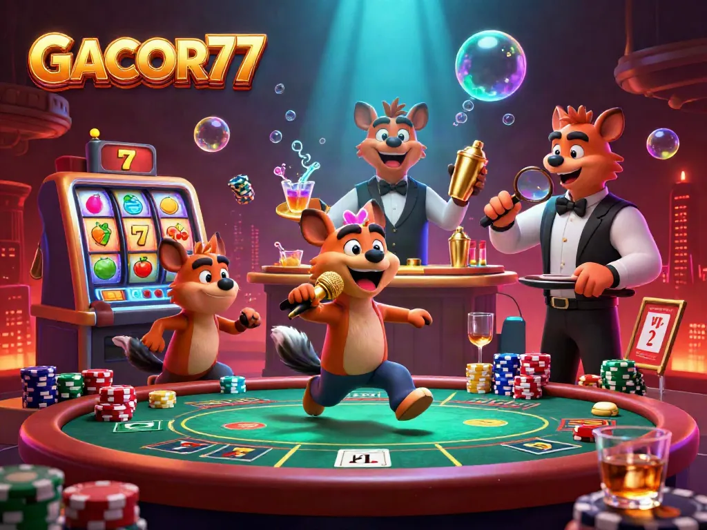 Mulai bermain di GACOR77 dengan slot gacor dan suasana kasino yang meriah serta karakter lucu.