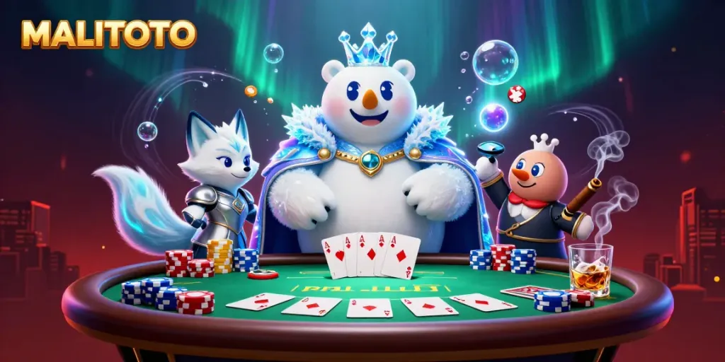 MALITOTO polar bear and snow fox playing poker in a vibrant casino scene