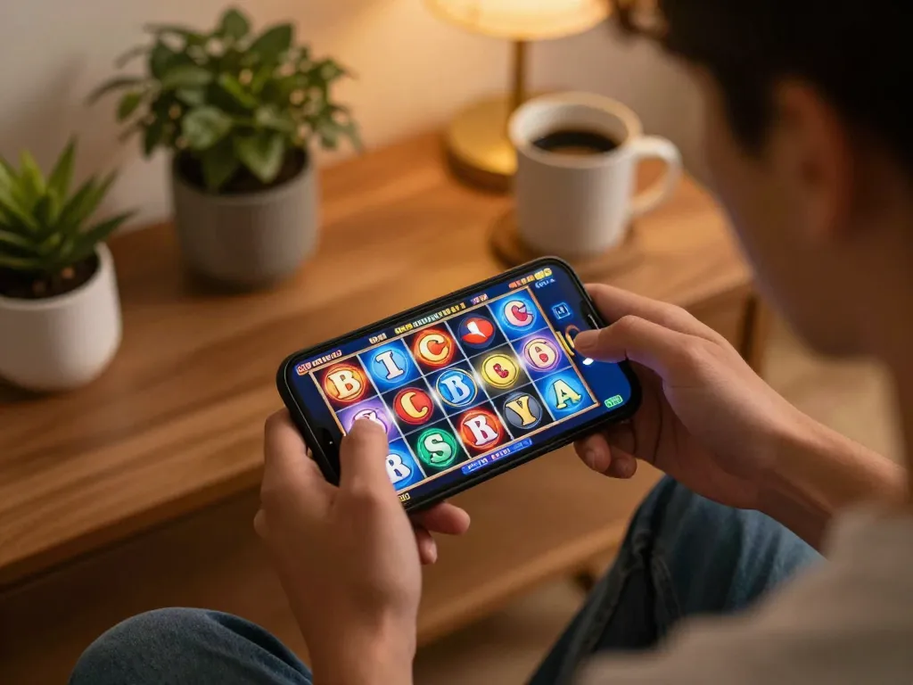 Engaged player spinning reels on slot toto game in cozy home setting.