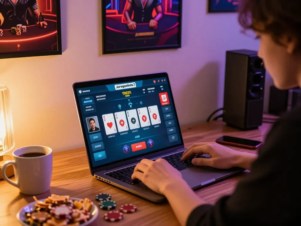 Player engaging with the Juraganbola poker game interface, showcasing an immersive online gaming experience.
