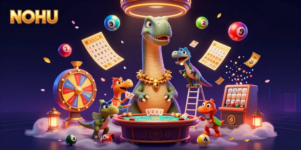 Experience vibrant and thrilling gameplay at NOHU with a brontosaurus dealer at a casino table.