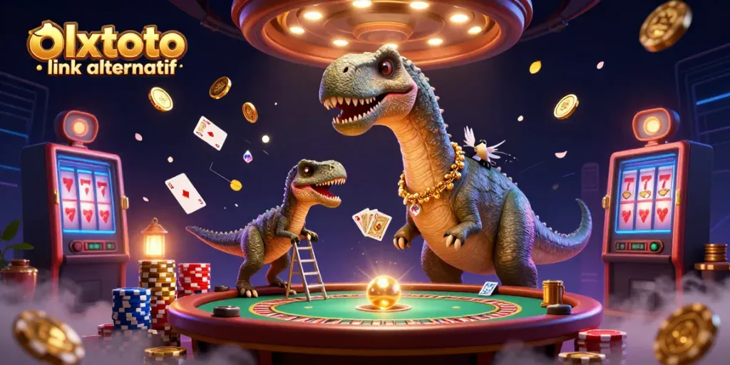Experience the excitement of OLXTOTO link alternatif with a vibrant casino scene filled with animated characters and casino elements.