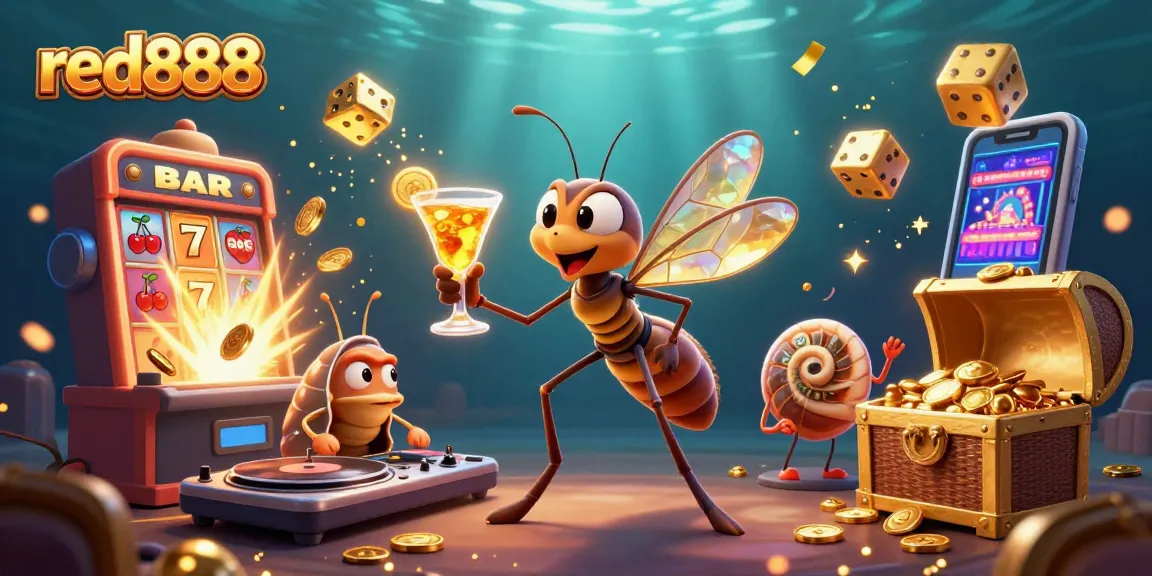 Experience excitement with red888 as a cartoon mosquito mascot spins casino fun in a vibrant illustration.