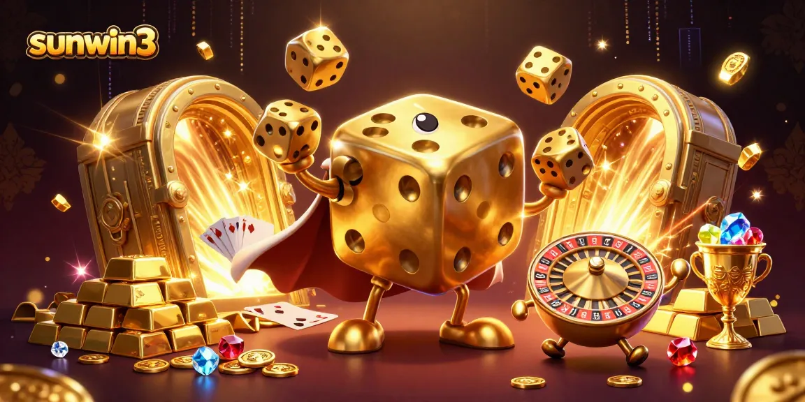 Engage in thrilling gameplay at sunwin3 with a vibrant display of golden dice, treasures, and casino elements.