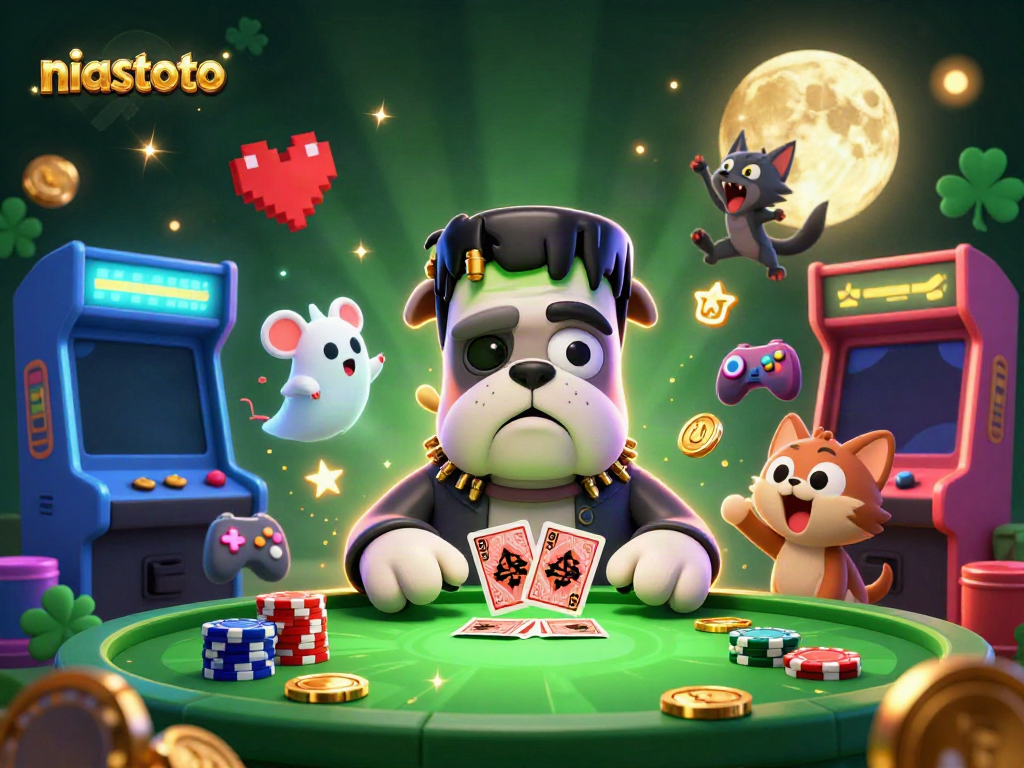 Gambarkan niastoto dalam ilustrasi 3D sinematik dengan karakter kasino dan permainan yang menarik.