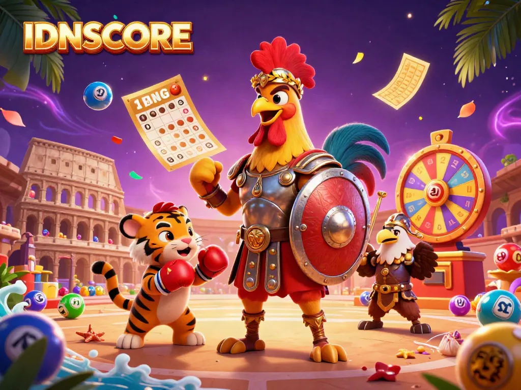 Experience excitement with the IDNSCORE illustration featuring a gladiator rooster and lottery elements in a dynamic casino scene.