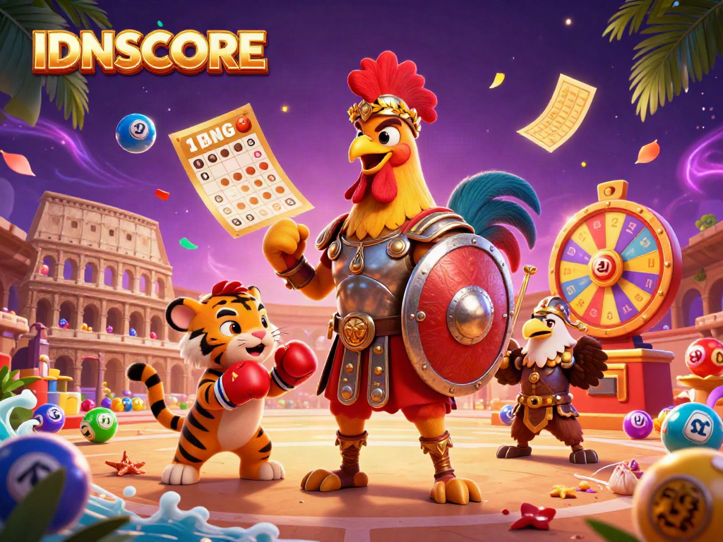 Experience excitement with the IDNSCORE illustration featuring a gladiator rooster and lottery elements in a dynamic casino scene.