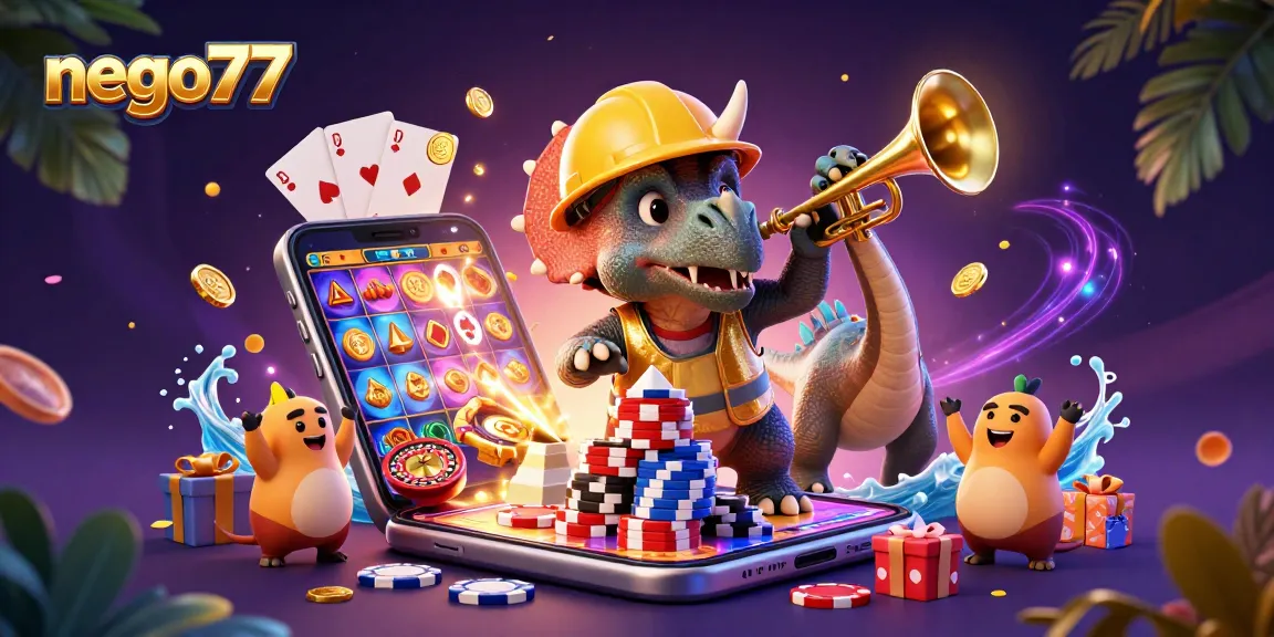 Engage with nego77's exciting world of slot games in a vibrant 3D illustration featuring triceratops and dynamic casino elements.