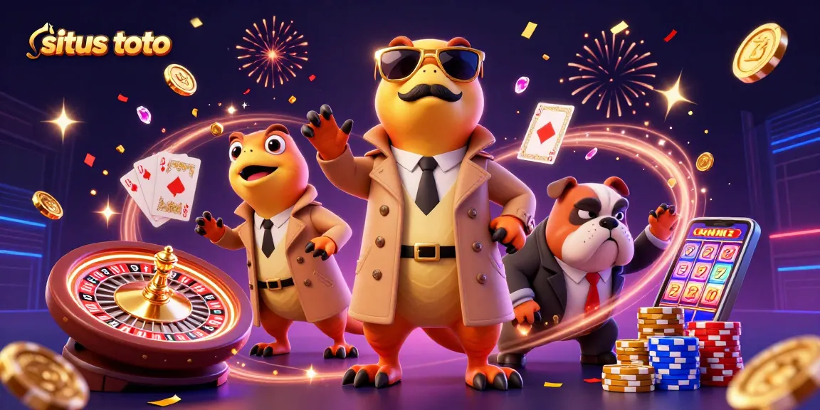 Situs toto yang meriah dengan tiga raptor kartun berpakaian jas, bouncer bulldog menjaga gerbang VIP casino.