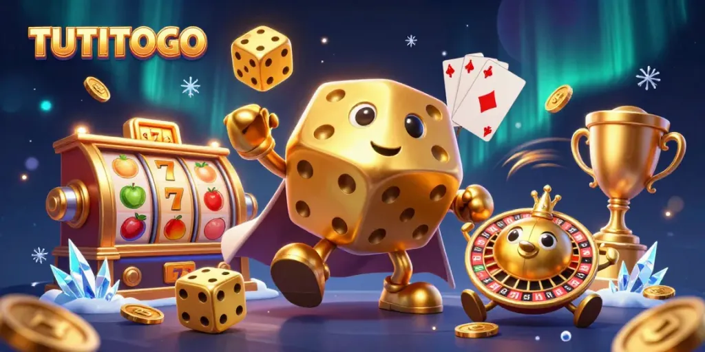 TUTITOTO showcases a golden dice golem juggling coins and slot reels, embodying top-tier casino excitement.