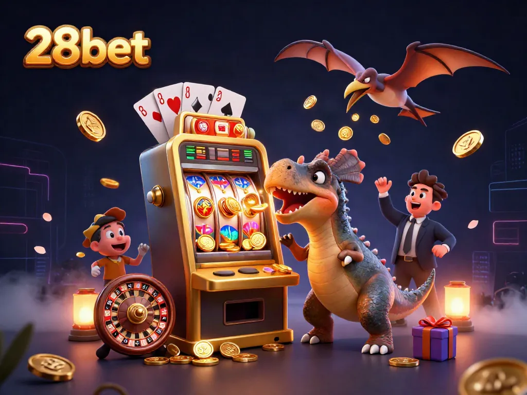 28bet casino scene with a pachycephalosaurus winning jackpots, lively casino elements around