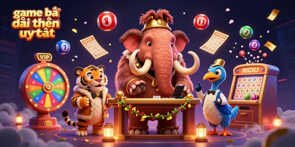 Experience game bài đổi thưởng uy tín with vibrant lottery elements and casino characters in action.